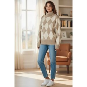 EMERY ROSE Tan Cream Argyle Diamond Pattern Turtleneck Sweater‎ Women's Size L
